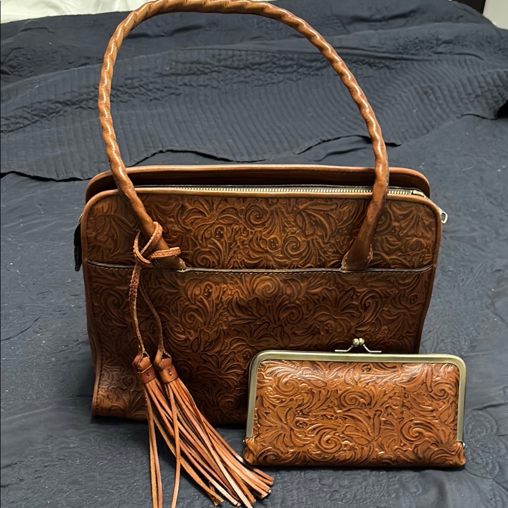 Embossed Brown Leather Handbag and Wallet Set